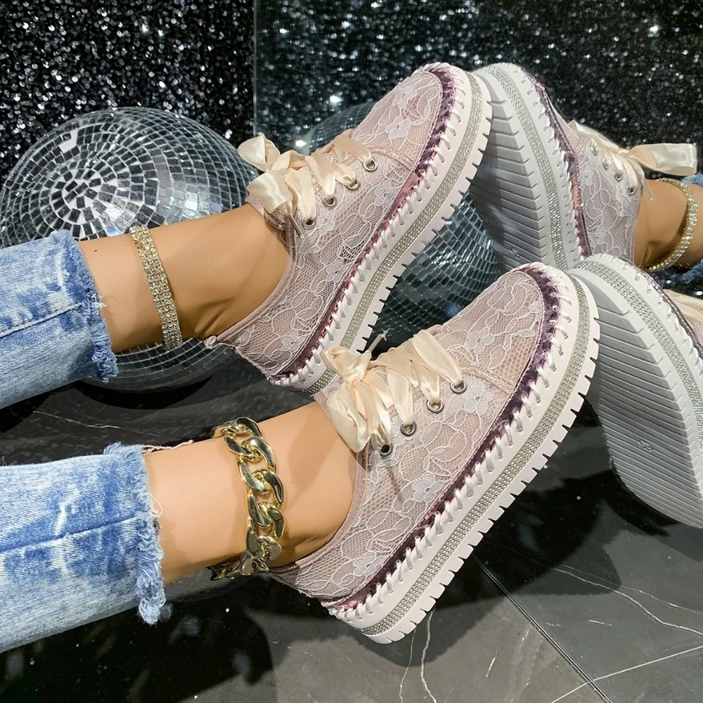 Lace Mesh Rhinestone Platform Sneakers Satin Ribbon Laces Retro Y2K Bling Shoes